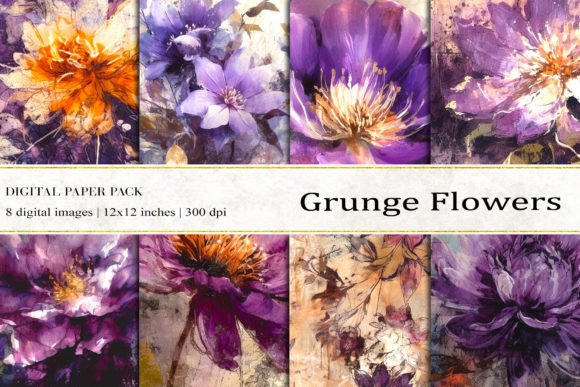 Violet Grunge Flowers Digital Papers