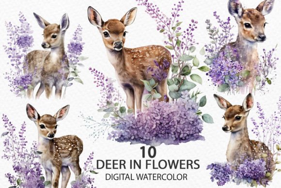 Watercolor Cute Fawns with Lilac Flowers
