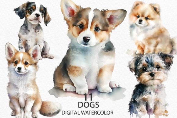 Watercolor Cute Puppies and Dogs