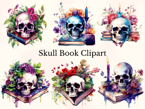 Watercolor Fantasy Skull Book Clipart